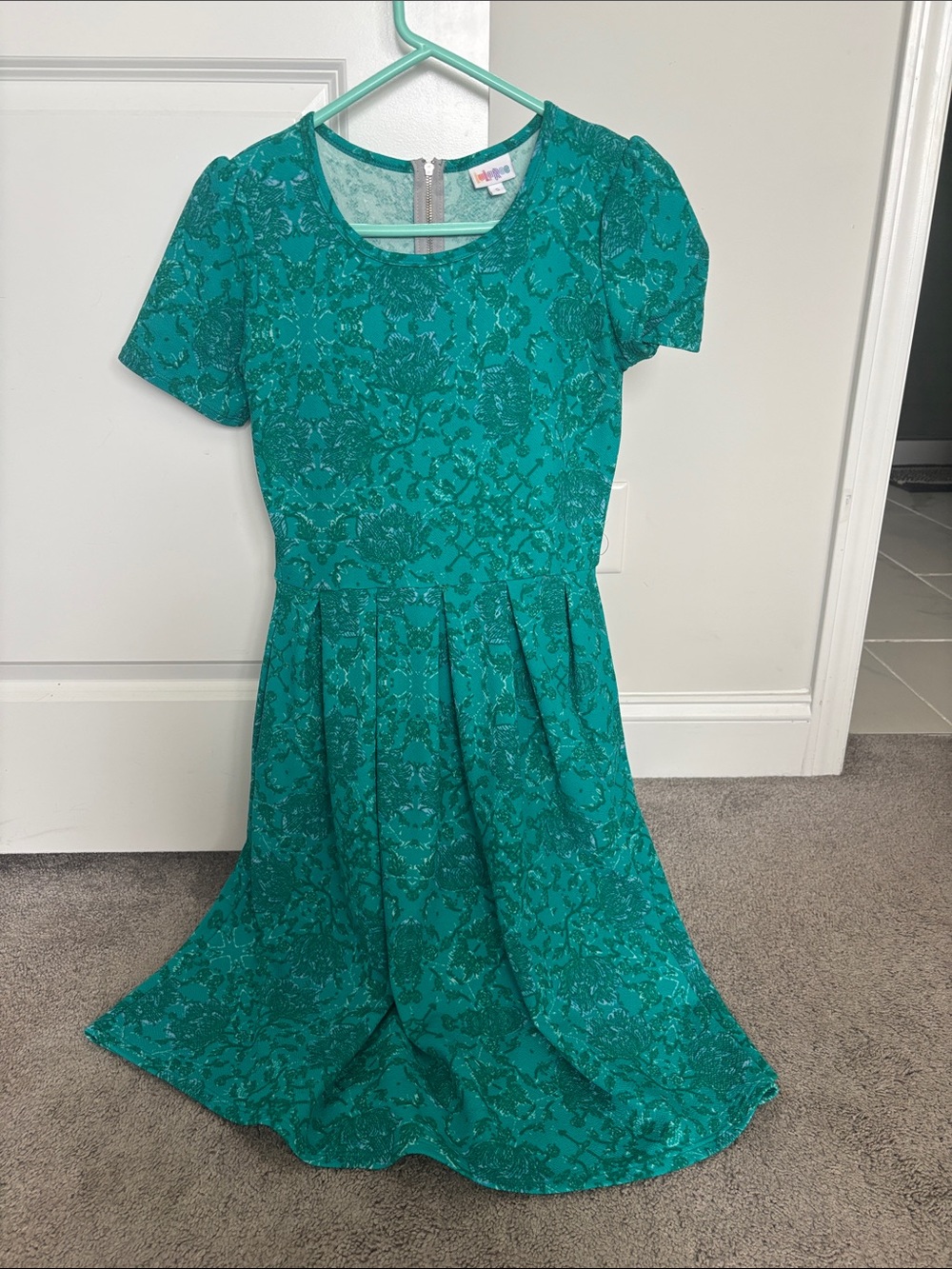 LuLaRoe Teal and Green Lace Overlay Fit-and-Flare Dress
